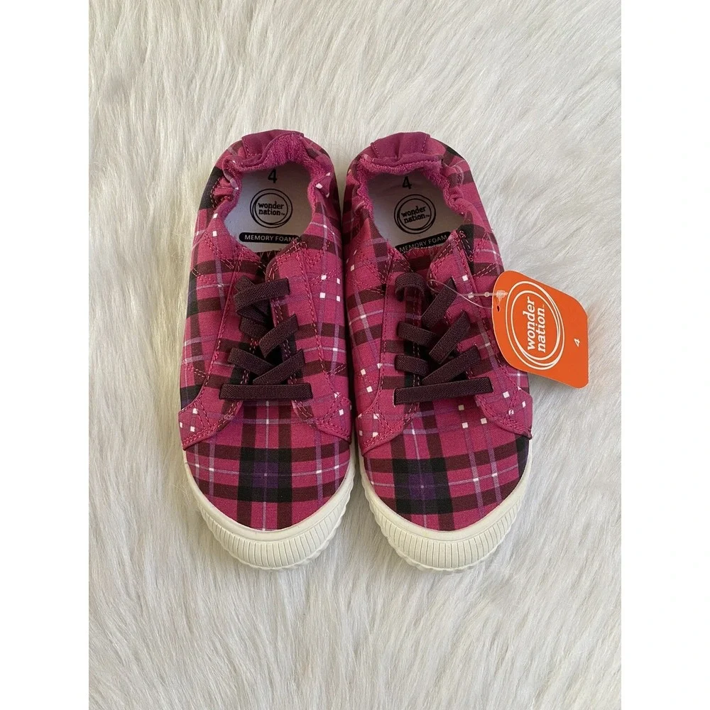 Wonder Nation Pink Plaid Shoes‎ Girl's Size 4 Slip On Stretchy Back